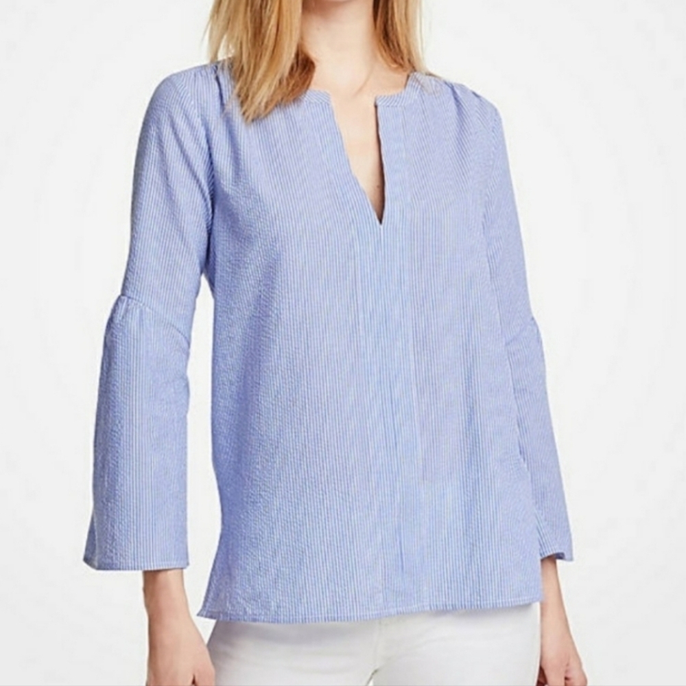 Ann Taylor Light Blue Striped‎ Seersucker Blouse Bell Sleeves Medium